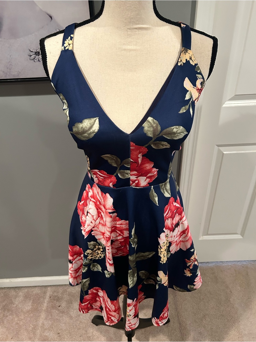 Floral V-Neck Navy Fit & Flare Dress